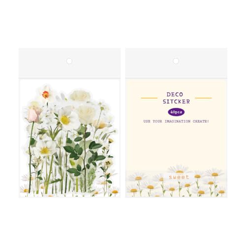 40Pcs Flower Stickers for Water Bottle - Self-Adhesive Transparent Waterproof Vinyl Sticker Decal for Adults Card Decoration DIY Scrapbook Laptop Phone Case Nature Floral Plant Stickers, Sweet White - color: Transparent Clear Ins Style Diy Natural Flower