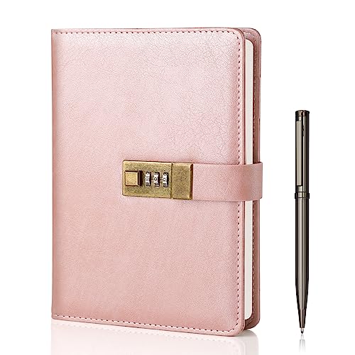 WEMATE Diary with Lock, A5 PU Leather Locked Journal 240 Pages Rose Gold | Vintage Lock Journal Notebook with Pen & Gift Box, Lock Diary Planner Organizer for Men and Women, 8.6x5.8in - color: Rose Gold