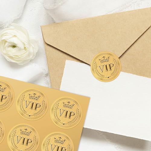 CRASPIRE 408pcs 2 Inch Crown Gold Foil Stickers VIP Word Star Gold Embossed Gold Certificate Seals Self Adhesive Waterproof Round Dot Medal Decoration Label for Gift Packaging Envelope Card Seal - style: VIP