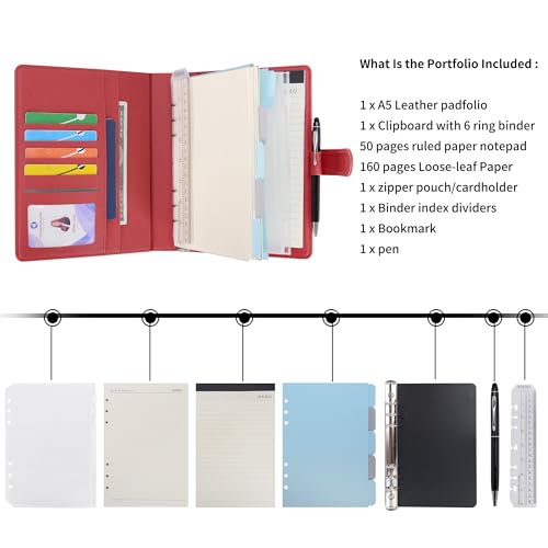 WASON A5 Binder PU Leather Journal Ring Portfolio Lined Notebook Refillable Paper Diary with Removable Clipboard Writing Notepad for Travel Business School Agenda Organizer (Red) - color: Red