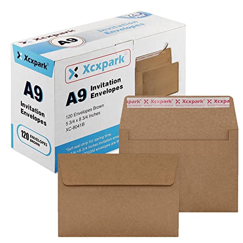 Xxcxpark 120 Qty A9 Invitation Envelopes 5.75x8.75, Self Seal 120GSM Brown Kraft Paper Envelopes for Invitations, Papers, Photos, Documents, Wedding, Baby Shower, Easy to Seal and Peel - color: Brown, size: 120 Qty A9 Envelopes (5.75" x 8.75")