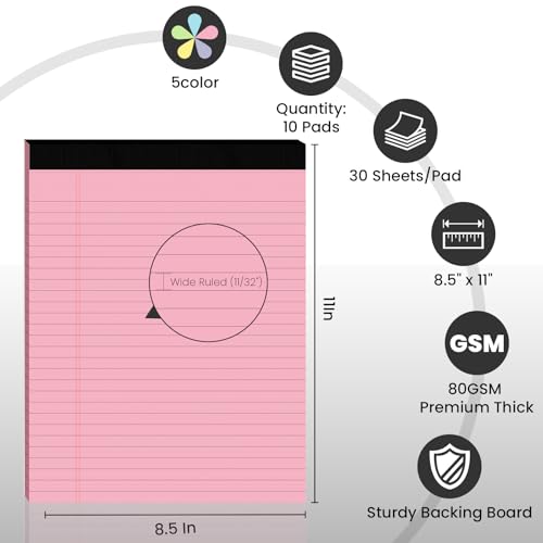 10pcs Legal Pads 8.5 x 11, Color Notepads 8.5 x 11 In, Perforate Wide Ruled - color: Blue/Pink/Green/Purple/Yellow