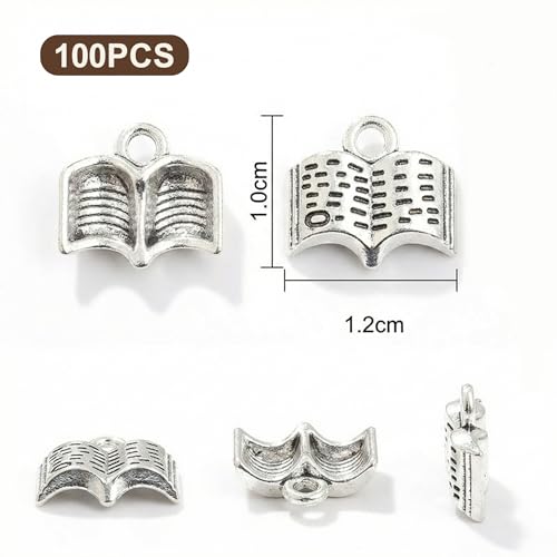 100Pcs Book Charms Silver Vintage Notebook Charm Bulk for Jewelry Making Bracelets Earrings Necklace Keychain Bookish Metal Pendant Beads Craft Supplies