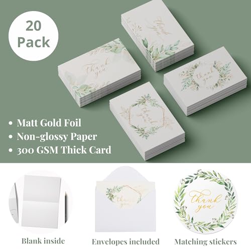 20 Eucalyptus Matt Gold Foil Greenery Thank You Cards with Envelopes & Stickers 4x6 Inch, Bulk Thank You Notes, Suitable for Business, Baby Shower, Wedding, Graduation, Bridal Shower, Funeral - color: Greenery