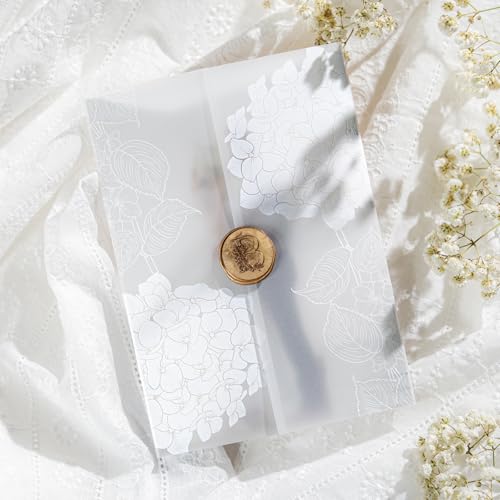 50 Pack Pre-Folded Vellum Jackets for 5x7 Invitations,AZAZA Elegant Translucent Invitation Sleeves,115GSM Vellum Jackets 5x7, Wedding Invitation Accessories, for Weddings Birthdays, Hydrangea Floral - color: 50Pack--White Hydrangea Floral