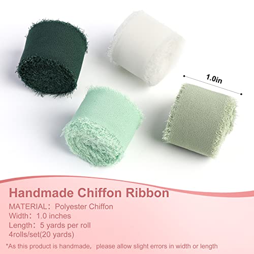 Handmade Fringe Chiffon Silk Ribbon 4 Rolls/1" x 5Yd Per Roll,Green & Cream Frayed Edges Ribbons Set (1" x20Yd, Green&Cream) - color: Green & Cream, size: 1"x20Yd