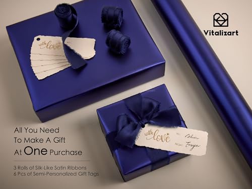 Vitalizart Matte Metallic White Wrapping Paper Set 17" Ribbons & Gift Tags | All-In-One Recyclable Luxury Elegant Gift Paper Roll Christmas Holiday Bridal Baby Shower Wedding Girls Boys Birthday 197" - color: Blue Paper & Blue Ribbons, size: 30 Inch