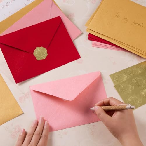 50 Pieces A7 Envelopes 5x7 with Gold Stickers, Rose, Pink | Vines Flower Texture Pattern, V Flap Luxury Mailing for Invitations, Wedding, Graduation, Baby Shower - color: Pink