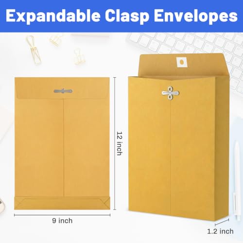 9 x 12 Expandable Manilla Envelopes with Clasp & Gummed Seal, Heavy Duty 180gsm Kraft Paper, 1.2″ Expandable Gussets, Reusable Mailer File Organizer for Documents, Contracts, Bills, Blueprints (60)