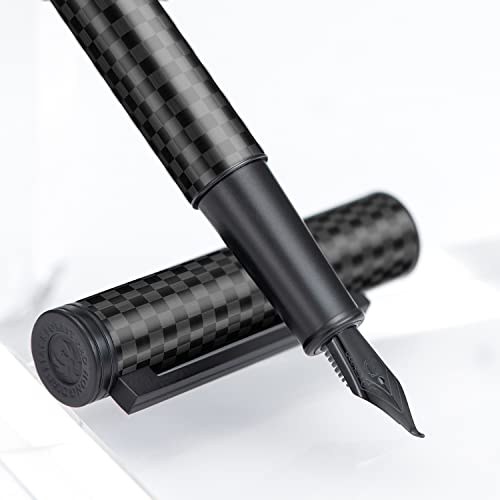 Hongdian Black Carbon Fiber Fountain Pen, Bent Nib Fude Pen for Calligraphy Writing (Fine to Broad) with Converter and Metal Pen Box Set - color: Carbon Fiber, style: Bent Point