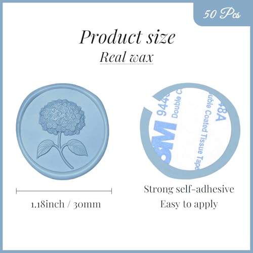 UNIQOOO Wax Seal Stickers - 3D Hydrangea Floral Wedding Invitation Envelope Seal Stickers, 50 Pcs Self- Adhesive Botanical Stickers, Perfect for Invitation, Christmas, Gift Wrapping (Dusty Blue) - color: Dusty Blue