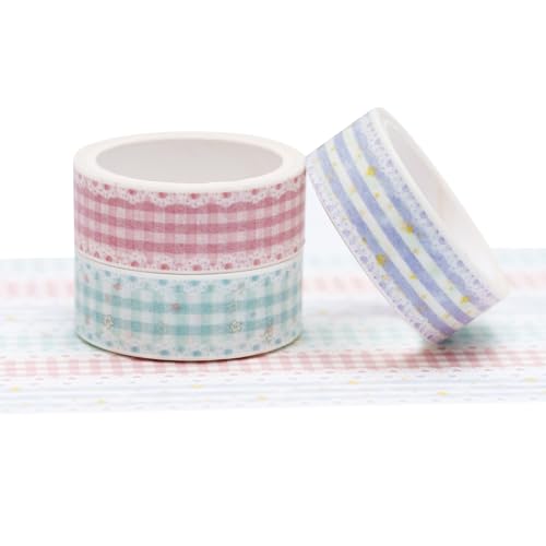 YUBBAEX Cute Printed Washi Tape 3 Rolls Japanese-Style Masking Tape Set Decorative for Arts, DIY Crafts, Journal Supplies, Planners, Scrapbook, Card/Gift Wrapping (Lace Checkered) - color: Lace Checkered