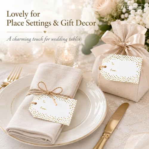 G2PLUS Gold Foil Gift Tags - 50 Pcs White Paper to and from Gift Name Tags with String for Present Wrapping, Wedding, Baby Shower, Christmas Party Favors - style: to from-Gold Dots