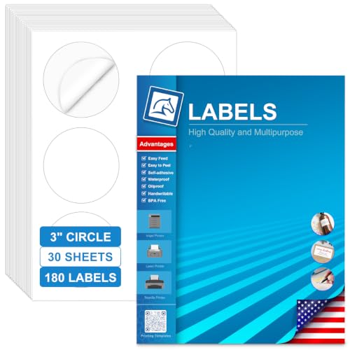 3 Inch Large Round Labels, Circle Sticker Labels for Laser Inkjet Printer, Shipping Tag, Warehouse Organizer, Promotional & Big Item Labels, (6 Labels/Sheet), 30 Sheets - size: 3 IN-30 Sheets(HB-C006)