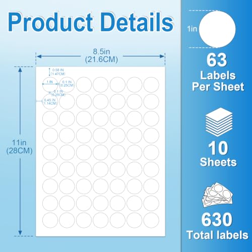 1 Inch Round Labels for Laser & Inkjet Printers, Printable Circle Stickers for Thank You Tags, Gift Seals, Small Product & Jar Labels, 630 White Adhesive Labels (10 Sheets) with Free Template - size: 1 IN-10 Sheets(HB-C063)