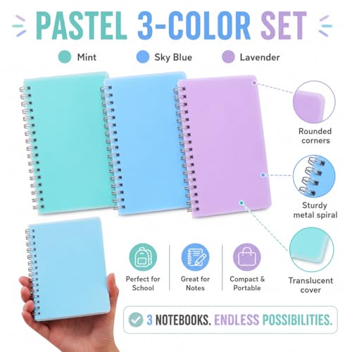 3 Pack Spiral Notebooks, 4.3" x 5.7" Small Ruled Notebook for School