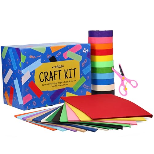 Craftzilla Arts and Crafts Kit for Kids – 11 Colored Masking Tape Rolls, 240 Sheets Construction Paper Assorterd Colors, Kid-Safe Scissors – All-in-One Kids Art Supplies Set - Arts and Craft Supplies - style: Craft Kit