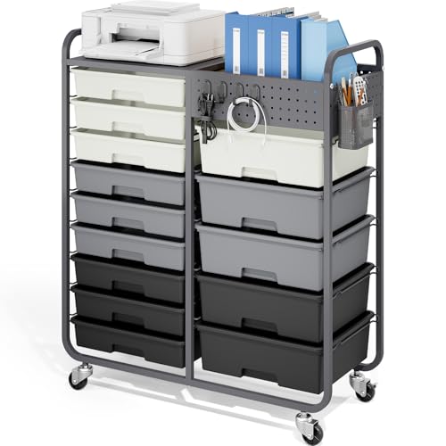 14 Drawer Rolling Storage Cart with Tabletop and Pegboard for Crafts Grey - color: Grey