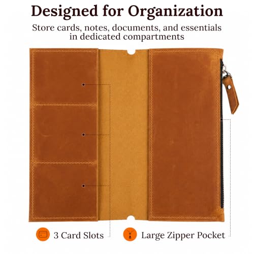 Genuine Leather Journal Insert for Regular Traveler's Notebook (4.1" x 8.3") – Refillable Notebook Organizer with Card Slots & Zipper Pocket, Handmade Leather Planner Accessory, Warm Brown - size: Regular