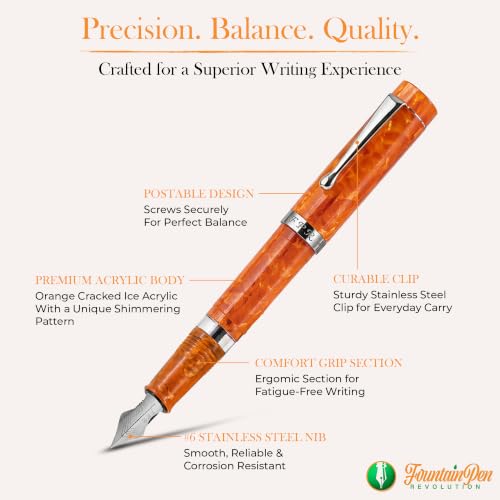 FPR Jaipur V2 Orange Piston Fill Refillable Fountain Pen for Writers - color: Orange Cracked Ice Acrylic