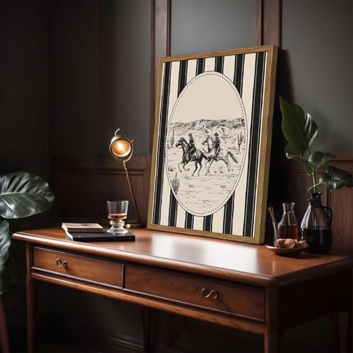 Western Cowboy Drawing Wall Art Black and white Cowboy Stripe Wall Decor Painting, Vintage Rodeo Sketch Poster Canvas Print Picture for Living Room Bedroom 12x16 inch Wood Framed - color: Cowboy A, size: 16"L x 12"W