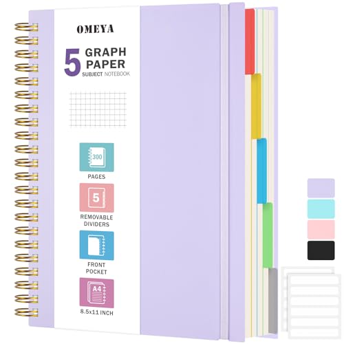 Graph Paper Notebook 8.5" X 11": 5 Subject Graphing Notebook with Dividers - color: Purple