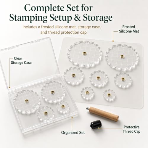 Clear Acrylic Stamp Block Set with Detachable Wooden Handle, 6 Scalloped Edge Acrylic Stamping Blocks with 1/2in Grid, Silicone Mat & Storage Case for Card Making, Scrapbooking, Journaling
