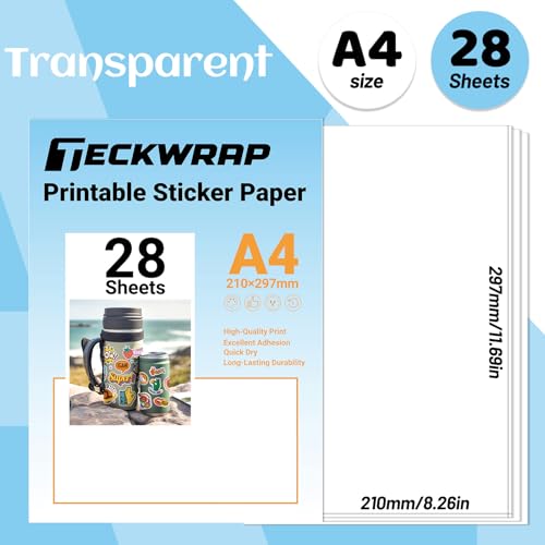TECKWRAP Clear Printable Vinyl Sticker Paper for Inkjet Printer, Clear Contact Paper Laminating Sheets, 8.26" x 11.69" A4 Printer Paper for Decal Stickers Waterproof Sticker Labels, 28 Sheets - color: 28PCS Transparent