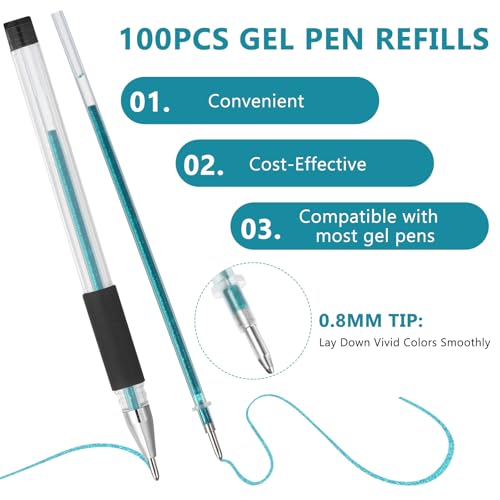 NUOBESTY Gel Pen Refills, 100 Pack Glitter Metallic Pastel Neon Ink Refill Set, 0.8mm Smooth Replacement Cartridges Glitter Markers for Adult Coloring Books, Art Drawing, Doodling & Sketching