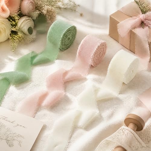 1" x 27 Yd Chiffon Silk Ribbon Set - 3 Rolls Handmade Fringe Fabric - color: PINK,GREEN,IVORY
