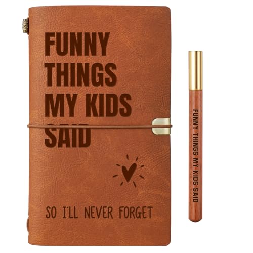 New Mom Gifts - Brown “Funny Things My Kids Said” Leather Journal with Pen - color: Brown