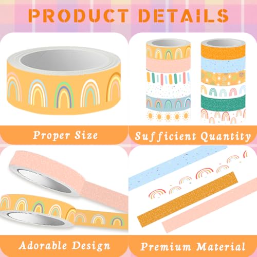 Boho Washi Tape Set 12 Rolls Back to School Cute Bohemian Rainbow Washi Tape 15mm Rainbow Sun Masking Sticker for DIY Crafts Scrapbook Journal Planner Gift Wrapping - color: Boho