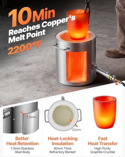 VEVOR 8KG Propane Melting Furnace Kit, Gas Metal Smelting Kit, Foundry Home Kiln with Crucible, Tongs, Wooden Handle, Forge Casting Tool for Gold Silver Copper Aluminum Metal Recycle - size: 8KG