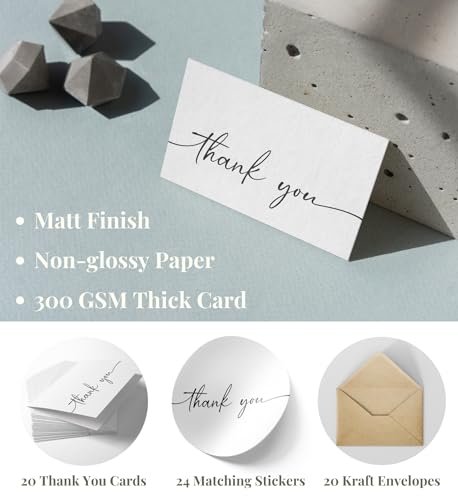Bulk Pack of 20 Thank You Cards with Kraft Envelopes and Matching Stickers | Classy Designs 4x6 Inches Modern & Minimalistic Design | Suitable for Business, Baby Shower, Wedding, Small Business, | 4 x 6 Inches, Suitable for Business, Baby Shower, Wedding,