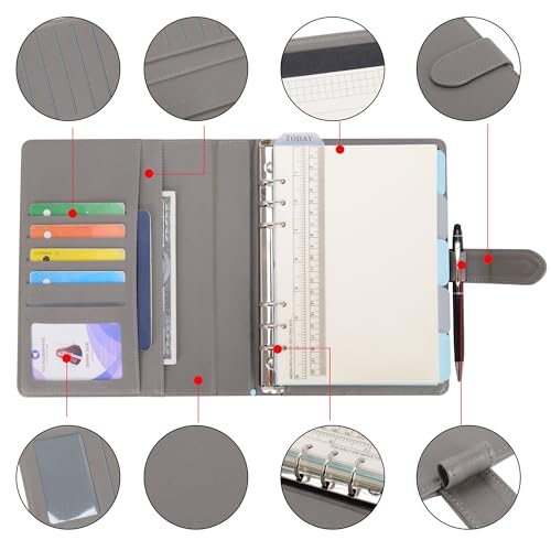 Wason A5 Binder PU Leather Journal Ring Portfolio Lined Notebook Refillable Paper Diary with Removable Clipboard Writing Notepad for Travel Business School Agenda Organizer (Grey) - color: Grey