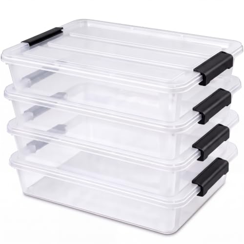 6 Qt Clear Storage Bins with Lids,Sensory Bins,Stackable Plastic Containers with Secure Latches,Multi-Purpose Classroom Storage Organizer for Craft Supplies,Paper & Office Stationery,4 Pack,Black