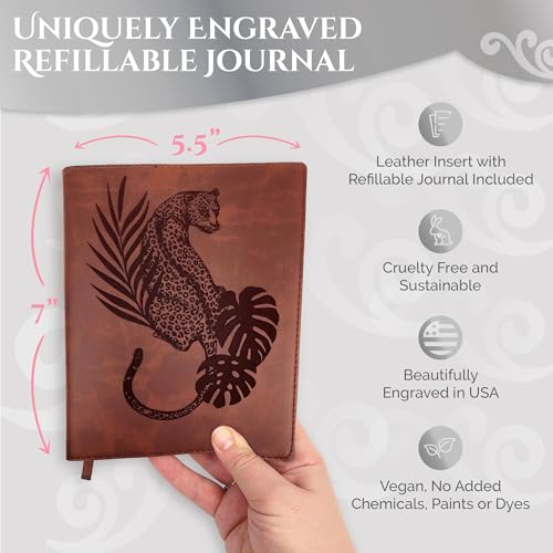Sunny Lark Leopard Leather Journal | Refillable Leather Journal for Women & Men | Tropical Jungle Themed Travel Journal - style: Leopard