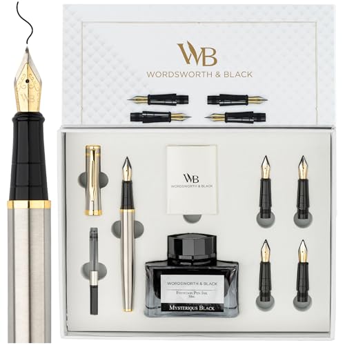 Wordsworth & Black Luxury Fountain Pen Set for Writing, 6 Nibs, Silver Gold - color: Silver Gold