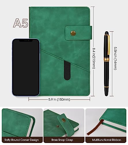 vfaejll Lined Notebook with Pen, 5.9"x8.4" A5 Hardcover Leather Journal Set - color: Green