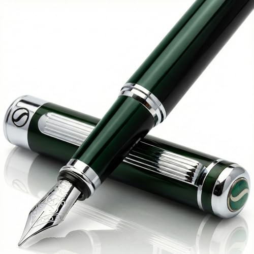 Scriveiner British Racing Green Fountain Pen - Stunning Luxury Pen with Chrome Finish, Schmidt Nib (Fine), Best Pen Gift Set for Men & Women, Professional, Executive, Office, Nice Pens - color: 10. British Racing Green with Chrome, style: Fine Nib