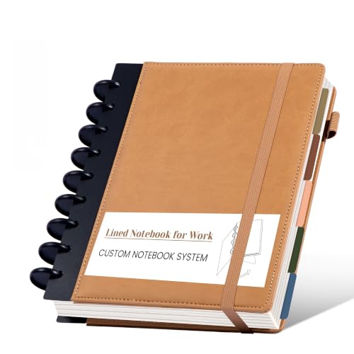 Hardcover Refillable Journal Notebook with Removable Divider Tabs, 300 Pages Leather 5 Subject Discbound Notebook College Ruled for Work School Note Taking,7.5x10" Lined Journal for Men & Women,Brown - color: Brown, size: Medium
