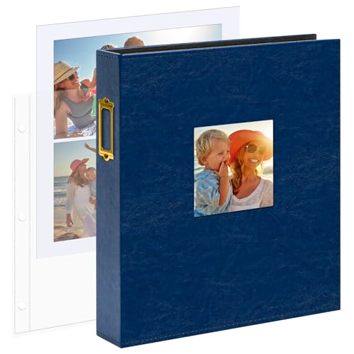 Vienrose 8.5x11 In 3 Ring Scrapbook Photo Album Leather Dark Blue 100 Pages | Diy Photo Album With 50 Plastic Sleeves, Blank Scrapbooks, Photobook, Wedding Baby Family Anniversary - color: Navy Blue, size: 8.5" x 11" 50 Sheets