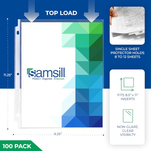 Samsill 100 Pack Heavy Duty Sheet Protectors, Non-Glare, 8.5x11 Inch Page Protectors for 3 Ring Binder, Letter Size Protectors, Reinforced Holes, Non-Glare Protector, Top Loading, Acid Free - size: 100 Pack, style: Non-Glare