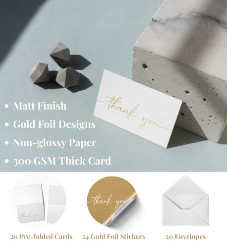Thank You Card | Matte Gold Foil 20 Pack | 4 x 6 Inches with Thank You Stickers, For Business, Baby Shower, Wedding, Bridal Shower, Graduation, Bridal Shower, Funeral - color: Gold Foil Thank You