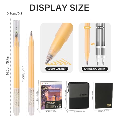 ZSCM 24 Colors 3D Acrylic Gel Pens & Black Paper Sketchbook for Drawing - color: 24 Packs-Dull