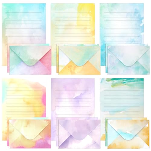 Watercolor Stationary Paper and Envelopes Set, 24 PCS Colorful Writing Stationery Paper with 12 PCS Envelopes,Pretty Watercolor Styles Stationery Printed Design for Love Letter, Party Invitations