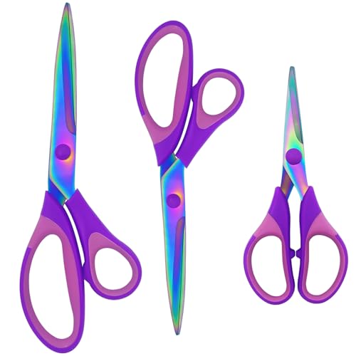 3-Pack Craft Scissors Set – Sharp Titanium-Coated Blades with Comfort Grip Handles, Multipurpose Shears for Fabric, Office, School & Home Use, Purple