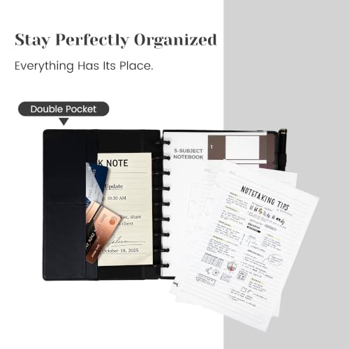 Hardcover Refillable Journal Notebook with Removable Divider Tabs, 300 Pages Leather 5 Subject Discbound Notebook College Ruled for Work School Note Taking,7.5x10" Lined Journal for Men & Women,Black - color: Black, size: Medium
