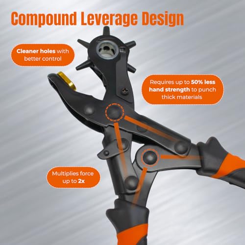 Adorox Heavy Duty Quality & Professional Design Revolving Hole Punch Pliers Kit – with Steel Ruler & File, Puncher with 6 Hole Sizes for Belts, Watch Straps, Saddles, Shoes & DIY Crafts - color: Black+Orange