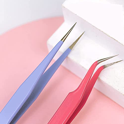 MAXLEAF 2PCS Stainless Tweezers Straight Curved Tweezers for Stickers | Tweezers for Eyelash Extensions Precision Electronics Nail Rhinestone Jewelry, Scrapbooking Tools (Pink) - color: Pink